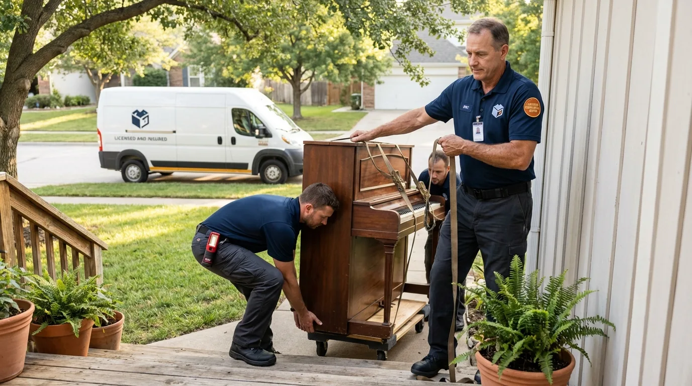 Licensed piano movers securing grand piano in East Rutherford, NJ