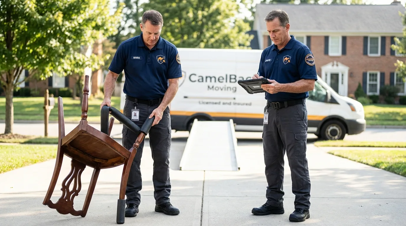 Movers inspecting furniture for damage prevention before loading in East Rutherford, NJ