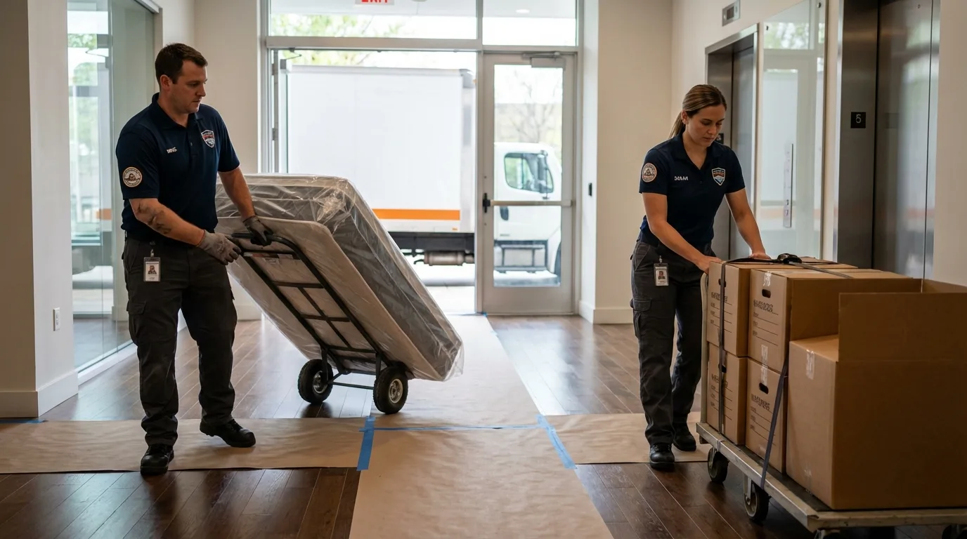 Professional apartment movers loading elevator in East Rutherford, NJ